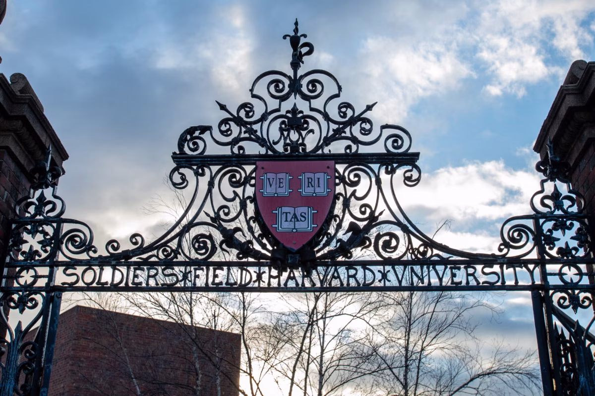 Harvard University's "Veritas" shield is seen on a gate on Feb. 17, 2024. (PErica Denhoff/Icon Sportswire via Getty Images)